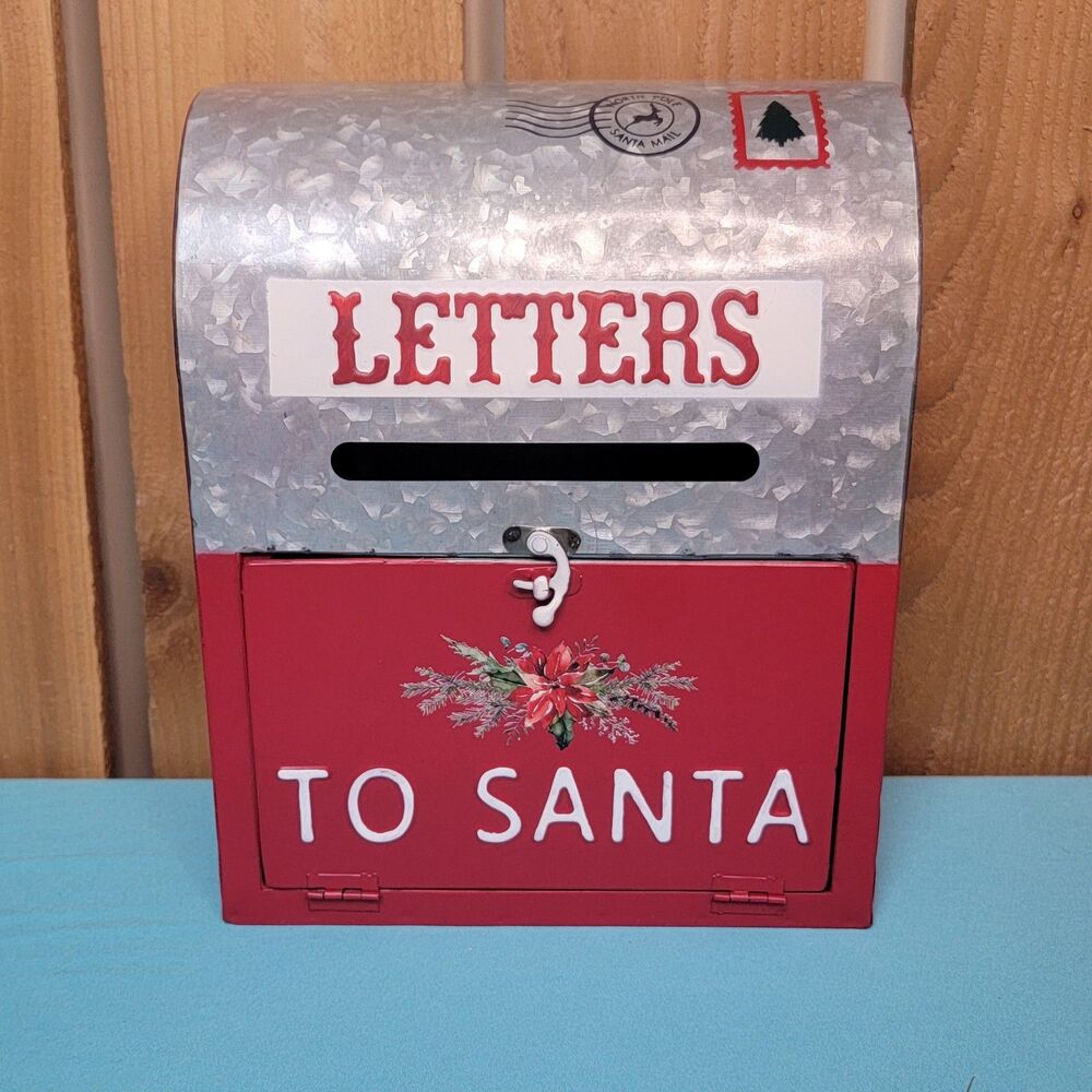 Letters To Santa Red Silver Metal Mailbox With Hanger North Pole Christmas
